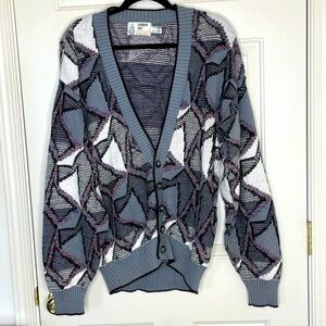 Vintage London Fog Men’s Cardigan Sweater Geometric 80s 90s Button Up | L